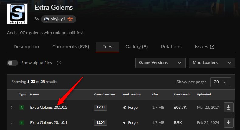 「Extra Golems」にアクセスしてバージョンを選択