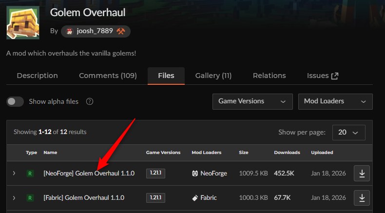 「Golem Overhaul」にアクセスしてバージョンを選択
