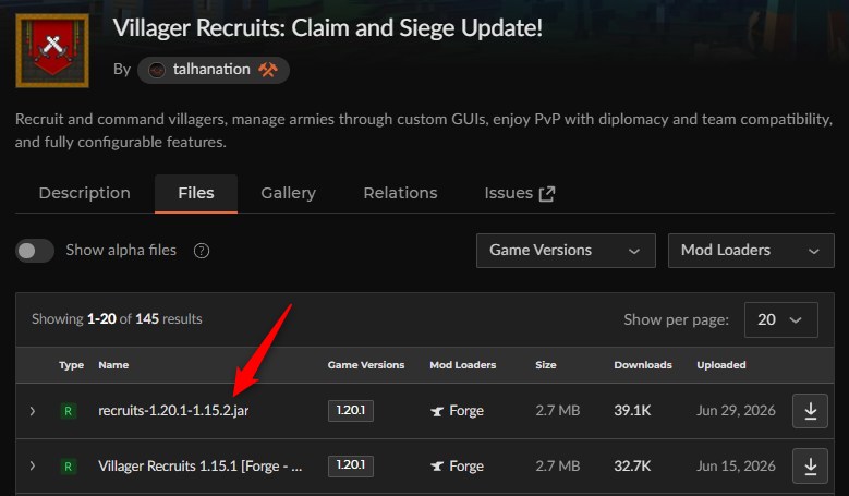 「Villager Recruits」にアクセスしてバージョンを選択