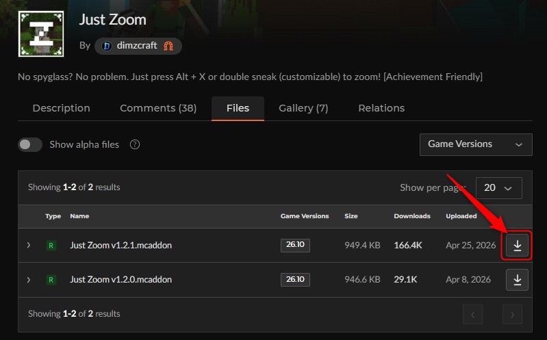 Just Zoomの.mcaddonファイルをCurseForgeからダウンロードする画面