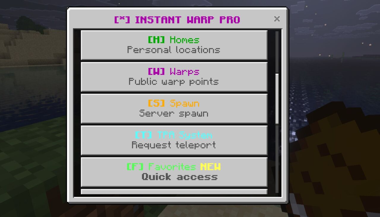 Instant WarpのメニューでワープやTPA・ランダムテレポートを操作する画面