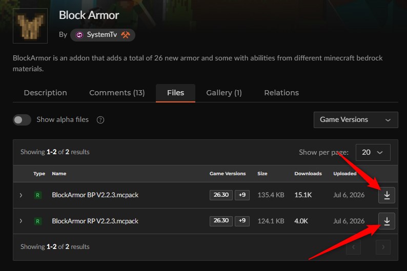 Block Armorのビヘイビアパックとリソースパックをカースフォージからダウンロードする画面