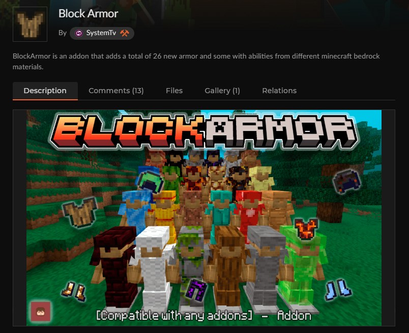マイクラ防具アドオンBlock ArmorのCurseForge配布ページ
