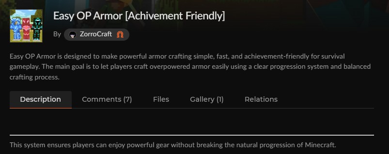 マイクラ防具アドオンEasy OP ArmorのCurseForge配布ページ
