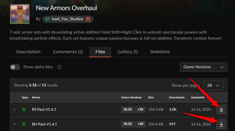 New Armors Overhaulのリソースパックとビヘイビアパックをカースフォージからダウンロードする画面