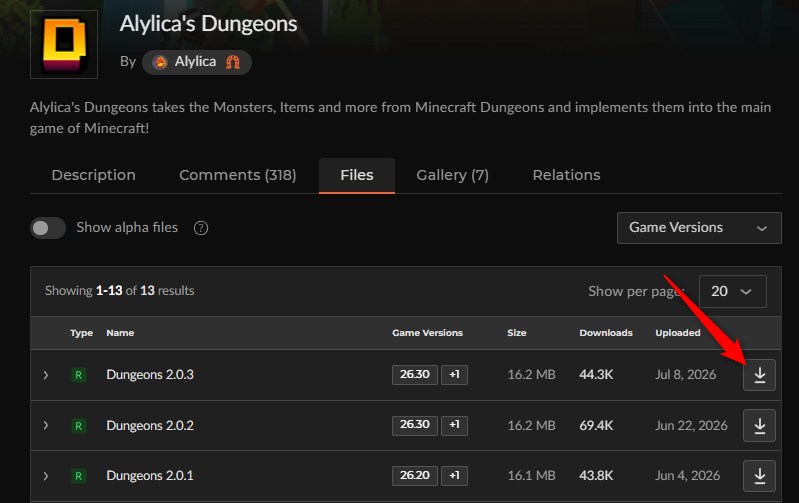 Alylica's Dungeonsをカースフォージからダウンロードする画面