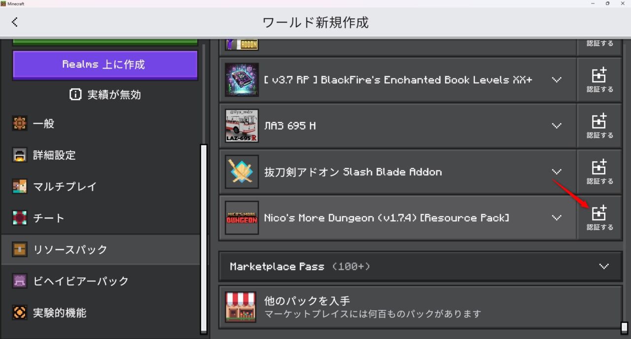 新規ワールドでNico's More Dungeonのリソースパックを認証する画面