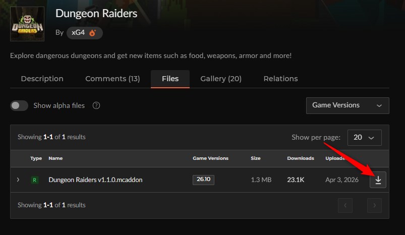 Dungeon Raidersをカースフォージからダウンロードする画面