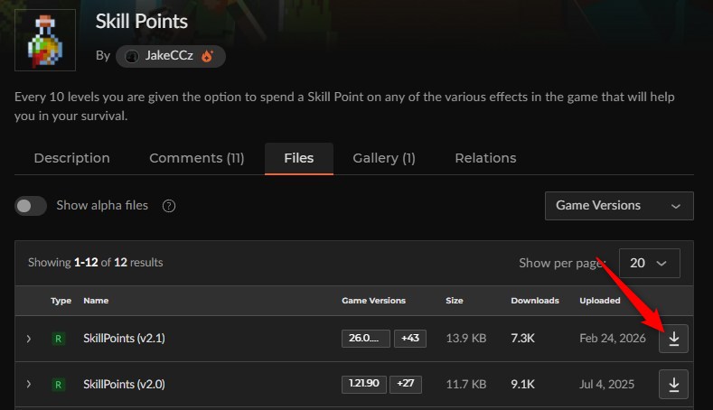Skill PointsのCurseForgeファイル一覧からSkillPoints (v2.1)をダウンロードする画面