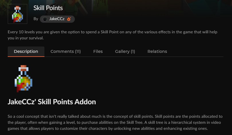 マイクラスキルツリーアドオンSkill PointsのCurseForge配布ページ