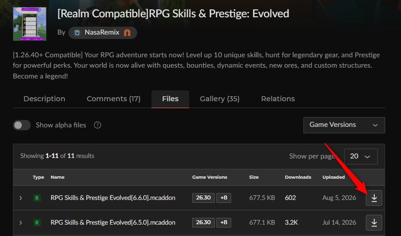 RPG Skills & Prestige: EvolvedのCurseForgeファイル一覧からv6.5.0をダウンロードする画面
