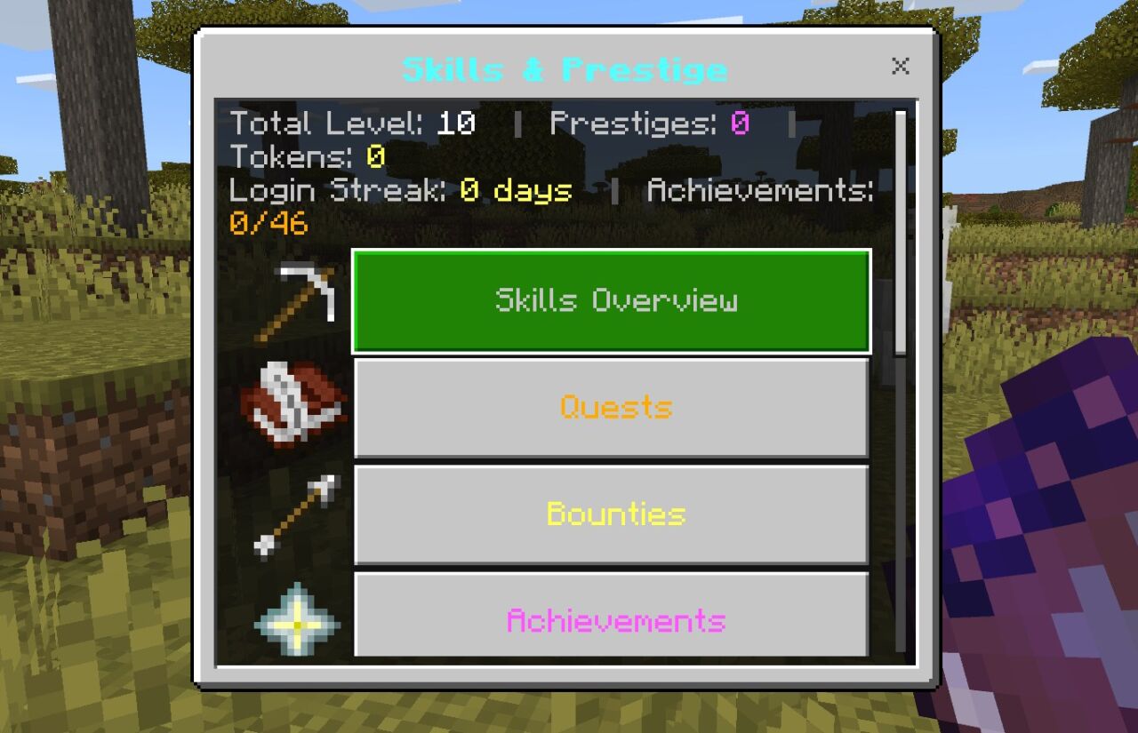 Tome of SkillsからRPG Skills & Prestige: Evolvedのメニューを開いた画面