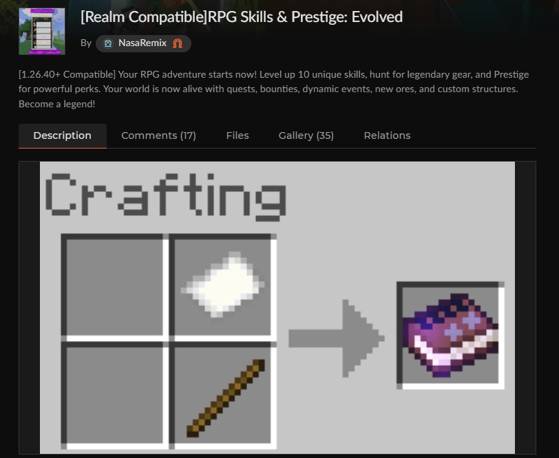 マイクラスキルツリーアドオンRPG Skills & Prestige: EvolvedのCurseForge配布ページ
