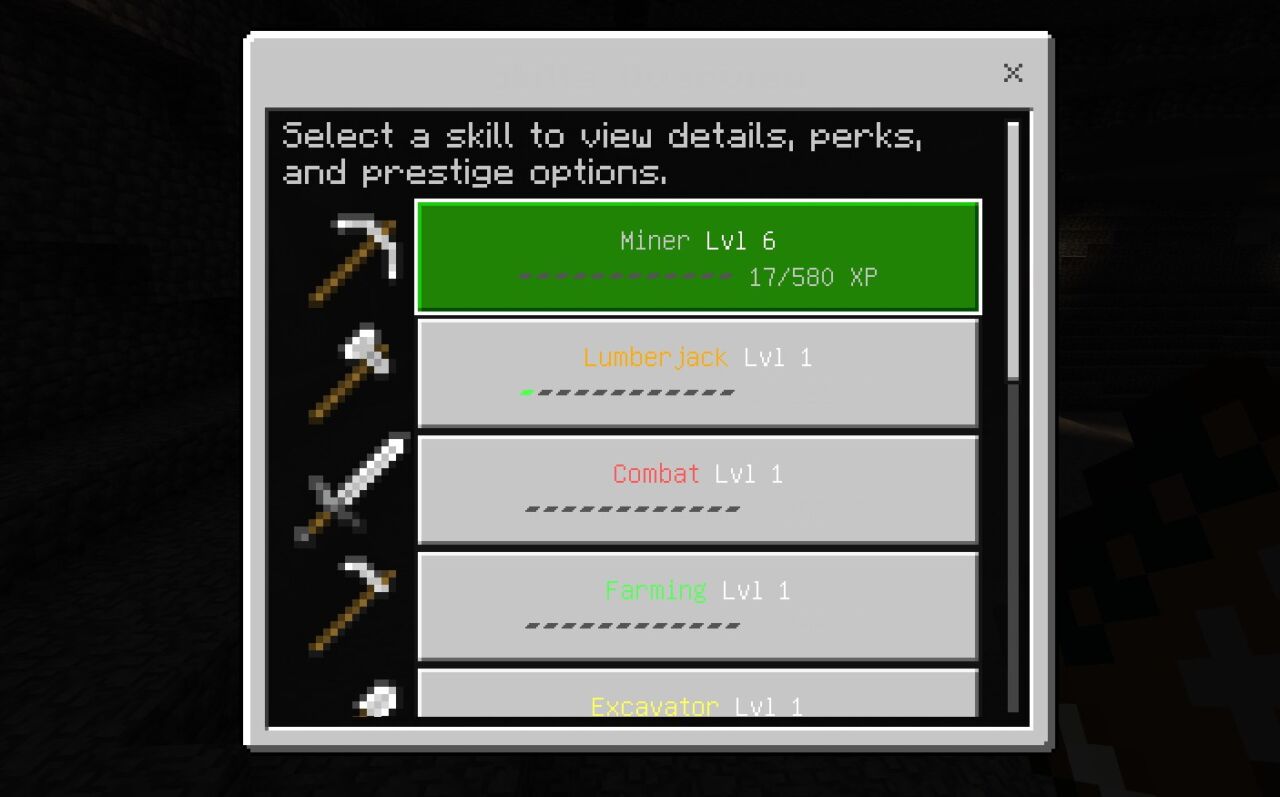 RPG Skills & Prestige: Evolvedのスキル一覧メニュー画面