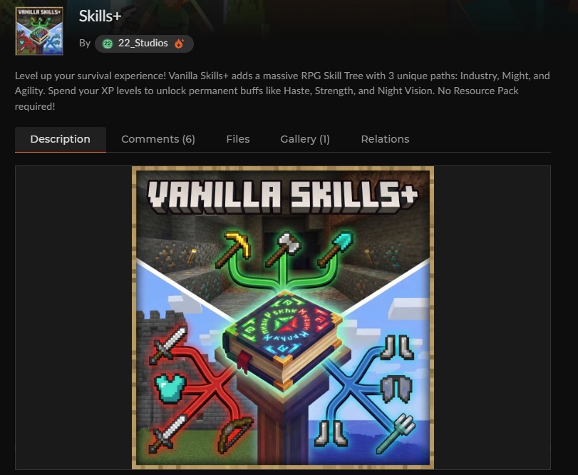 マイクラスキルツリーアドオンSkills+のCurseForge配布ページ