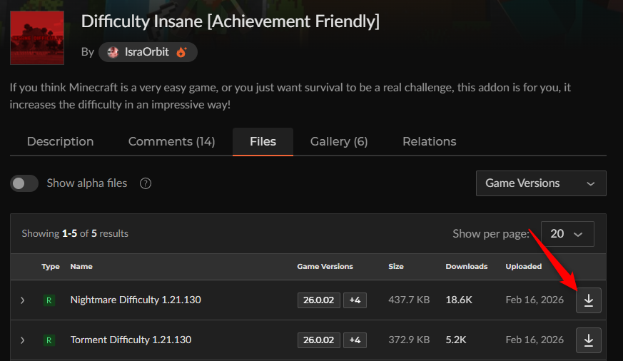 CurseForgeで敵強化アドオン「Difficulty Insane」の難易度ファイルをダウンロードする画面