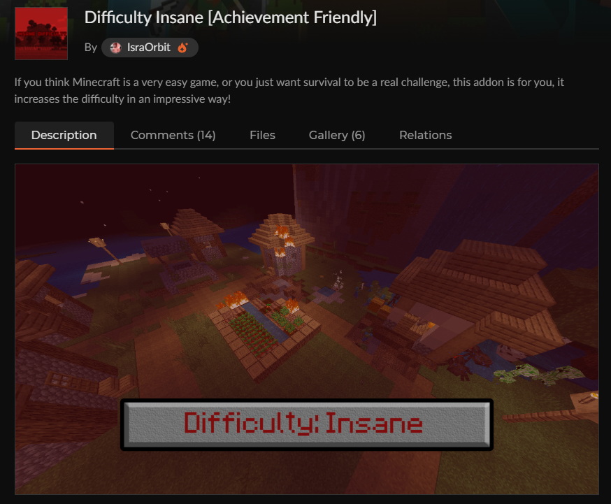 マイクラ敵強化アドオン「Difficulty Insane」のCurseForge配布ページ