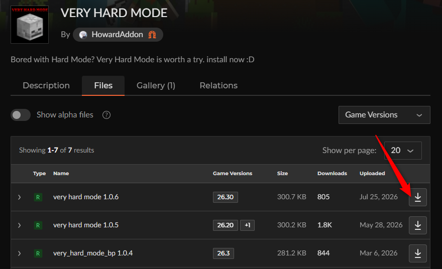 CurseForgeで敵強化アドオン「VERY HARD MODE」の最新ファイルをダウンロードする画面