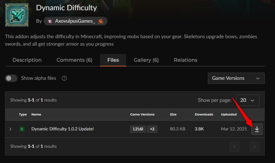 CurseForgeで敵強化アドオン「Dynamic Difficulty」の最新ファイルをダウンロードする画面