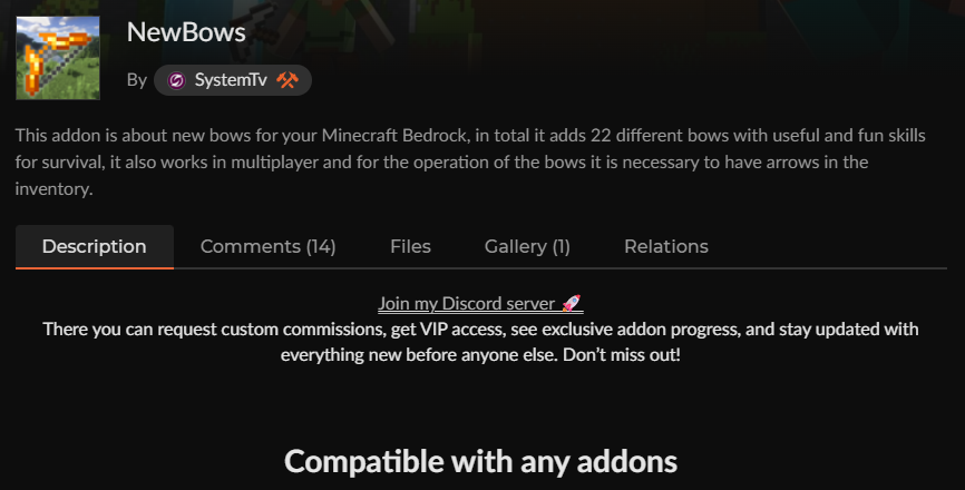 マイクラの弓アドオン「NewBows」のCurseForge配布ページ