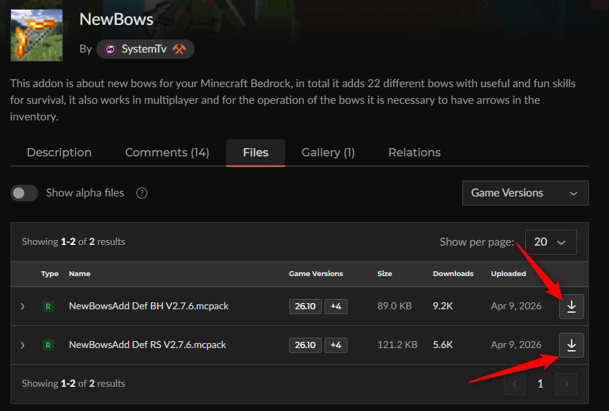 NewBowsのCurseForgeダウンロード画面でBHファイルとRSファイルの2つを選ぶところ