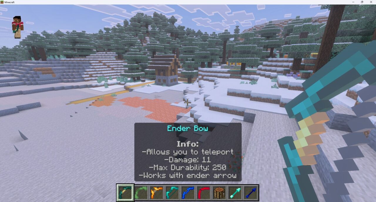 マイクラ統合版に弓アドオンを導入して追加された弓を構えている場面