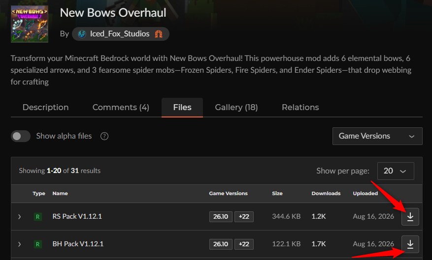 New Bows OverhaulのCurseForgeダウンロード画面でRSパックとBHパックを選ぶところ