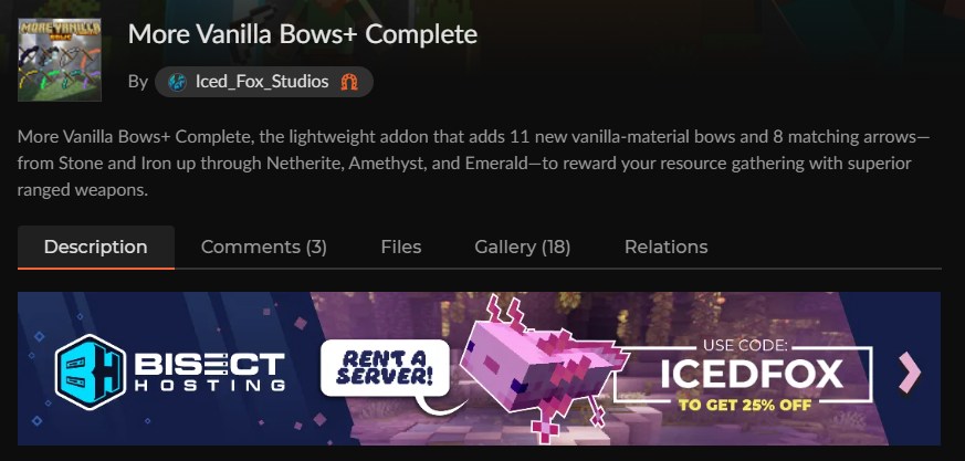 マイクラの弓アドオン「More Vanilla Bows+ Complete」のCurseForge配布ページ
