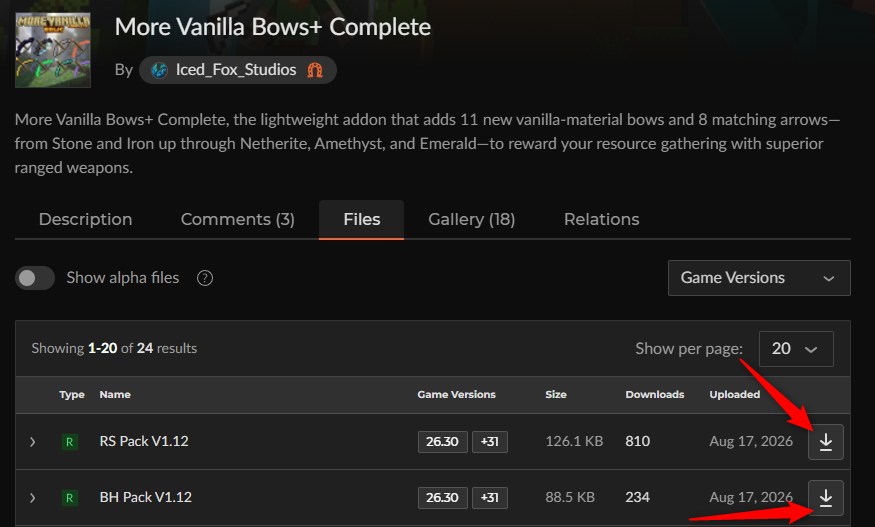 More Vanilla Bows+ CompleteのCurseForgeダウンロード画面