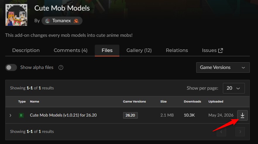 Cute Mob ModelsのCurseForgeファイル一覧からv1.0.21をダウンロードする画面