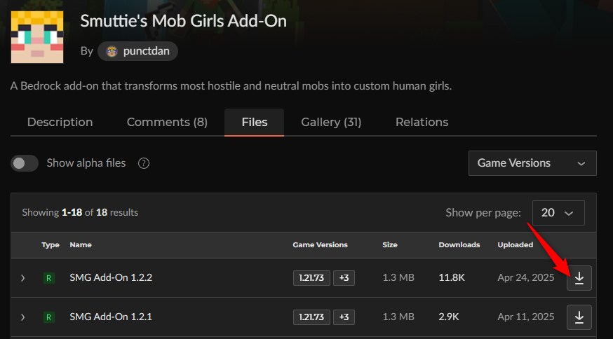 Smuttie's Mob GirlsのCurseForgeファイル一覧からSMG Add-On 1.2.2をダウンロードする画面