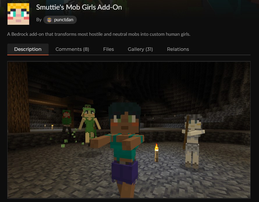 マイクラ美少女アドオンSmuttie's Mob GirlsのCurseForge配布ページ