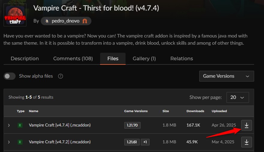 Vampire Craftのファイル一覧からv4.7.4をダウンロードする画面