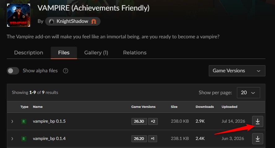 VAMPIREのファイル一覧からvampire_bp 0.1.5をダウンロードする画面