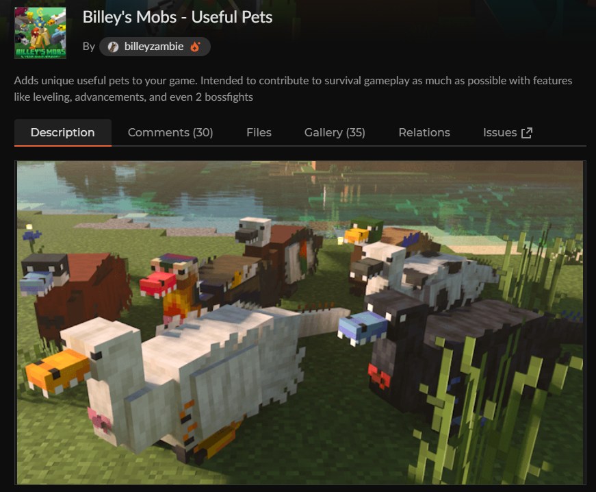 マイクラのハムスターアドオン「Billey's Mobs - Useful Pets」のCurseForge配布ページ