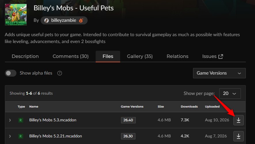 Billey's Mobsのファイル一覧から最新のmcaddonをダウンロードする画面