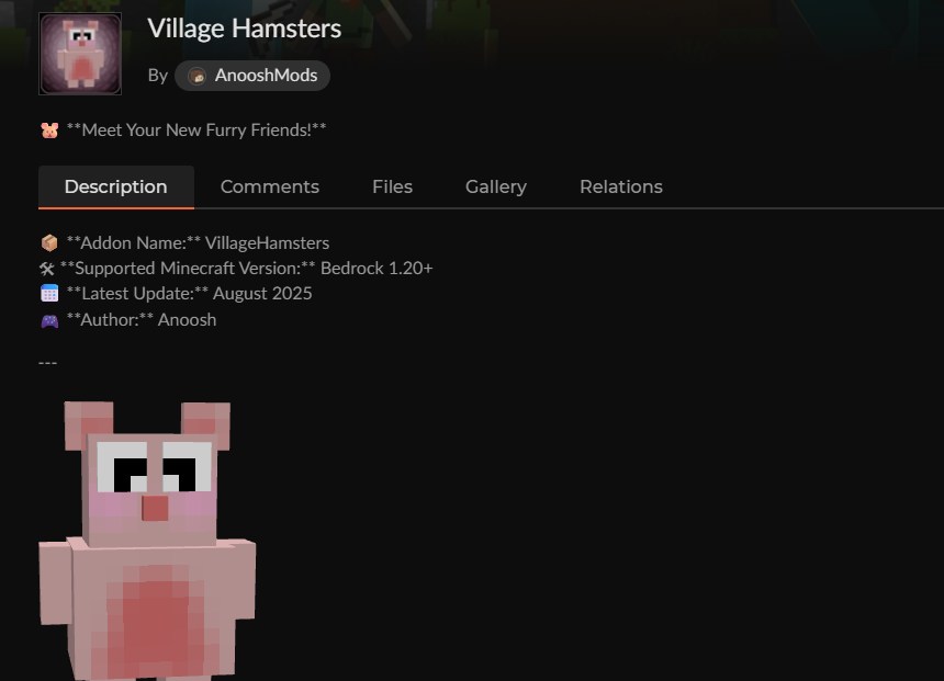 マイクラのハムスターアドオン「Village Hamsters」のCurseForge配布ページ