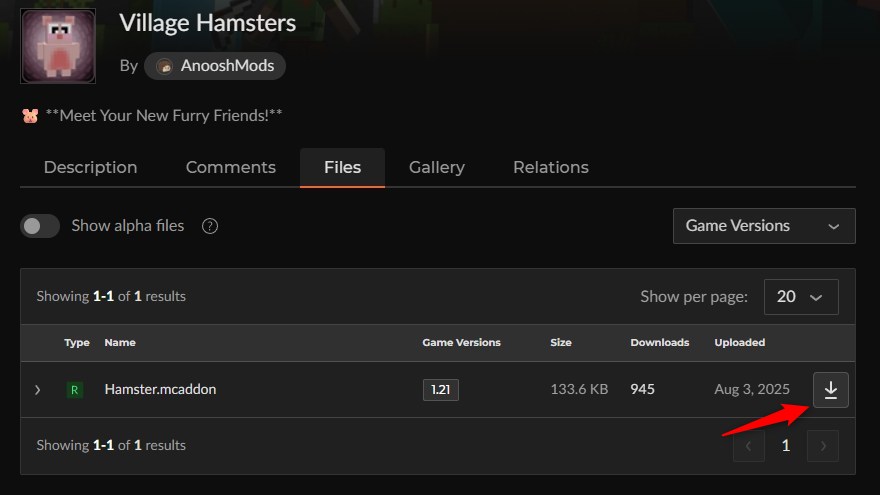 Village Hamstersのファイル一覧からHamster.mcaddonをダウンロードする画面
