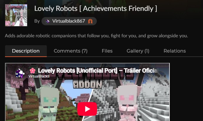 ロボットアドオン「Lovely Robots」のCurseForge配布ページ