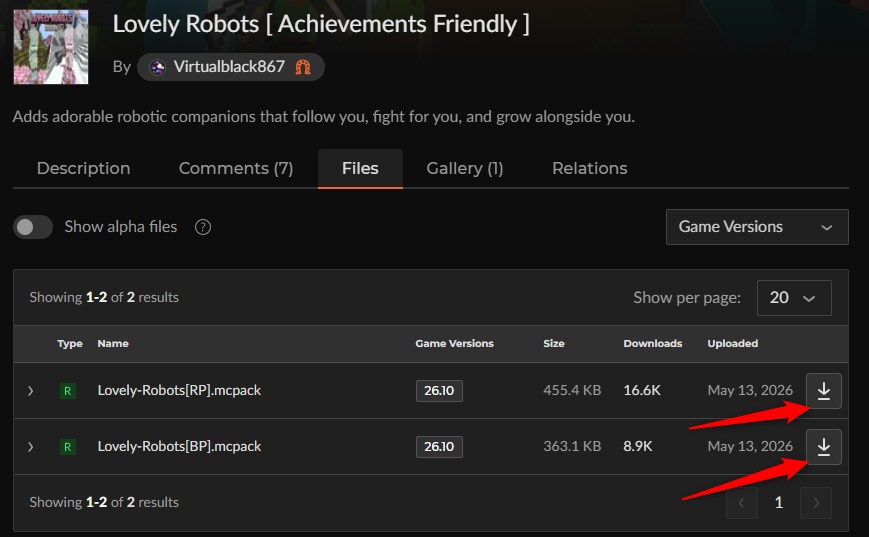 Lovely Robotsのリソースパックとビヘイビアパックのダウンロード画面