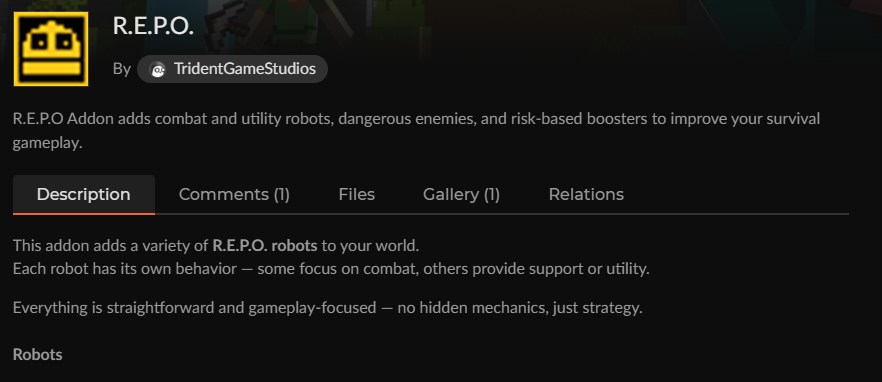 ロボットアドオン「R.E.P.O.」のCurseForge配布ページ