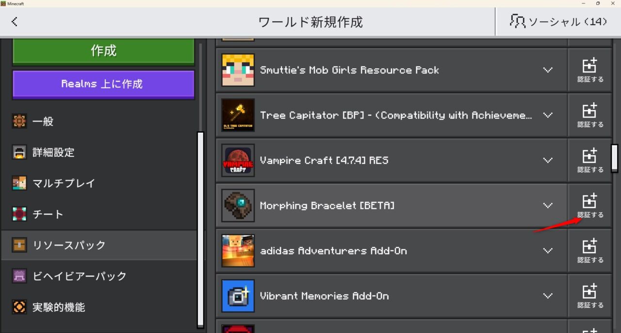 ワールド設定でMorphing Braceletのリソースパックを有効化する画面