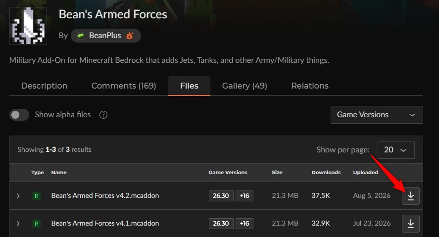Bean's Armed Forcesの最新ファイルを選ぶCurseForgeのFiles一覧