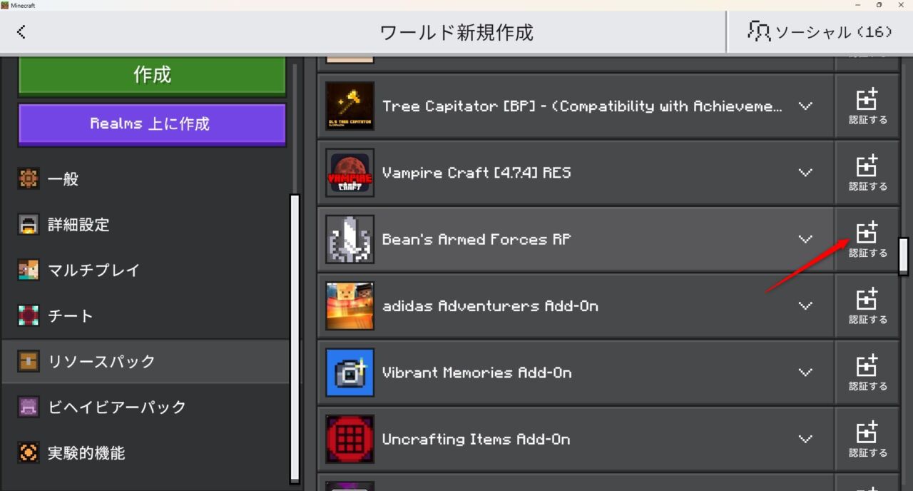 新規ワールドでBean's Armed Forcesのリソースパックを認証する画面