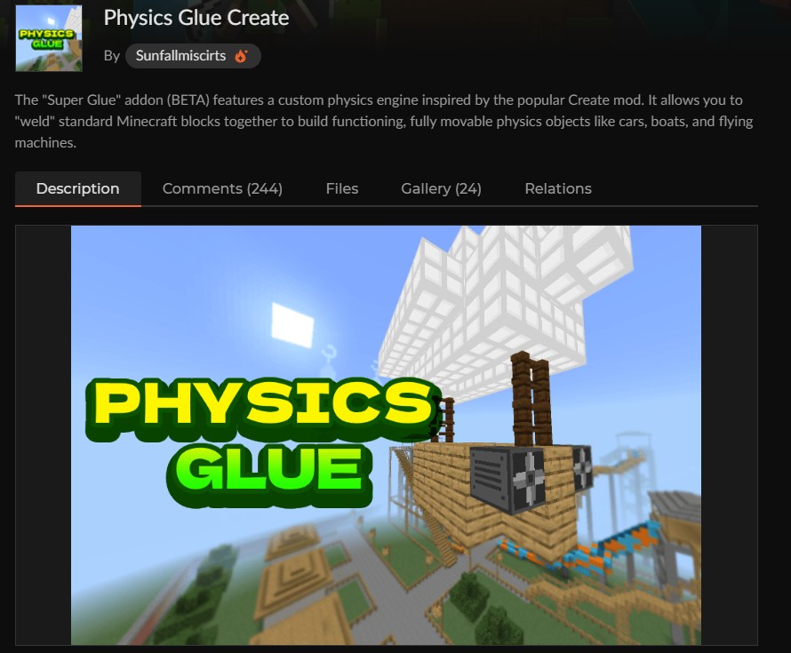 マイクラ戦艦アドオン「Physics Glue Create」のCurseForge配布ページ