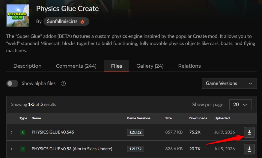 Physics Glue Createの最新ファイルを選ぶCurseForgeのFiles一覧