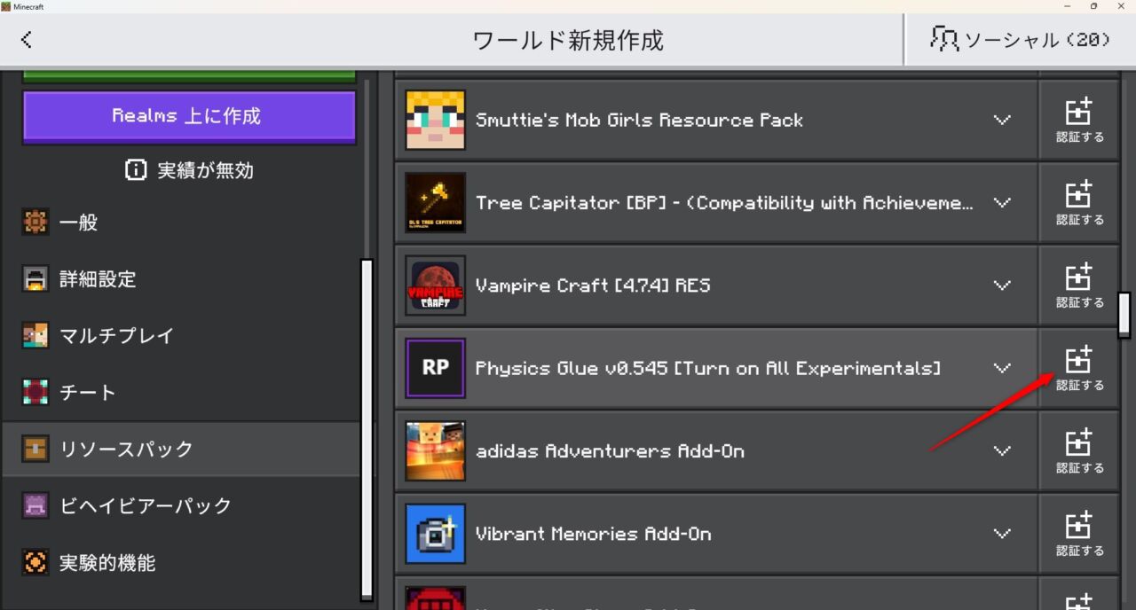 新規ワールドでPhysics Glue Createのリソースパックを認証する画面