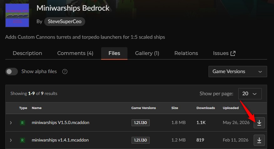 Miniwarships Bedrockの最新ファイルを選ぶCurseForgeのFiles一覧