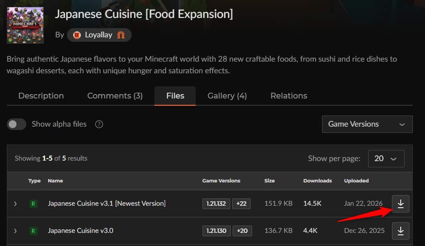 Japanese Cuisineのダウンロードファイル一覧画面