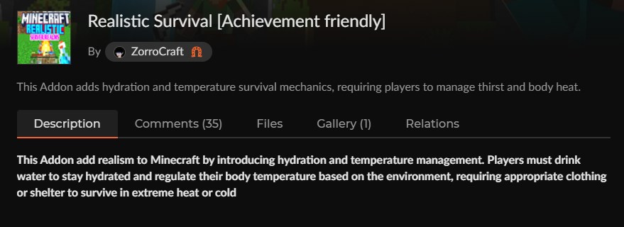 マイクラ統合版のリアルアドオン「Realistic Survival」のカースフォージ配布ページ